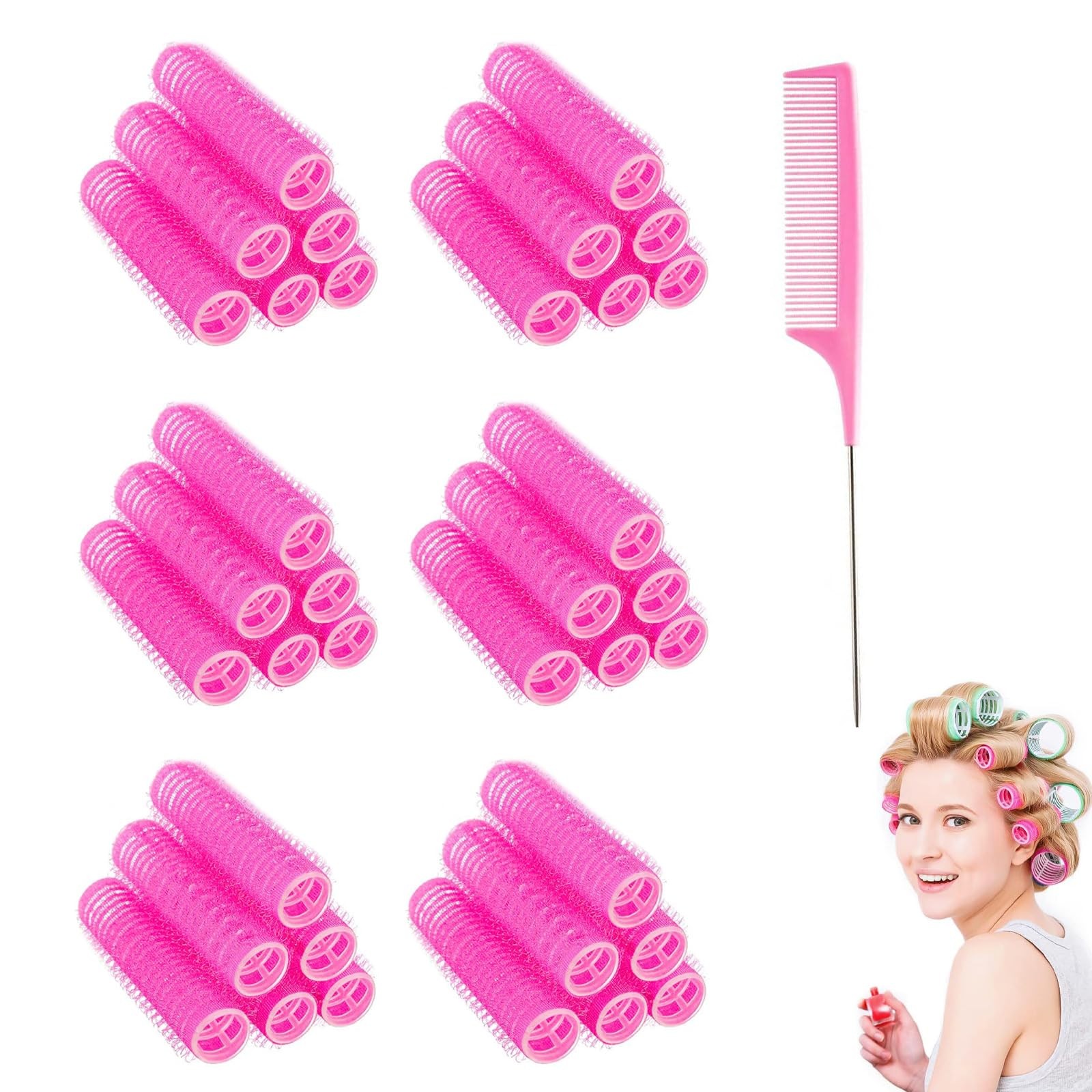 Kit de 37 bigoudis autocollants avec peigne à queue rose pour coiffure