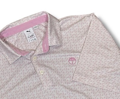 Puma Arnold Palmer Polo Shirt Mens L Pink White Golf Performance Umbrella Logo