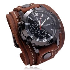 Wide Leather Watch Cuff Band Brown Wrist Black Strap Punk Retro Quartz Mens New