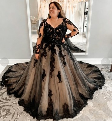 long sleeve plus size black wedding dress Black Lace Plus Size Wedding Dresses Sexy V Neck Applique Long Sleeves  Bride Gowns