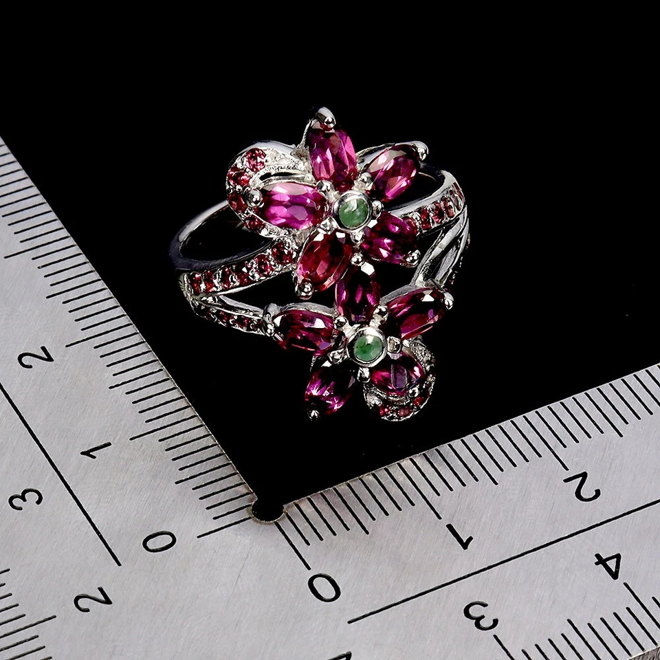 Anillo de plata de ley 925 ovalado rodolita esmeralda piedras preciosas naturales joyería talla 8. Foto 3 de 4