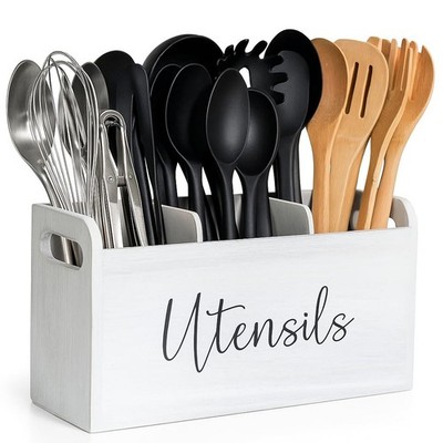 White Kitchen Utensil Holder for Countertop   Large 3-Compartment Wooden O