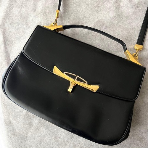 Christian Dior One Shoulder Bag Black Leather Vintage 70s Gold Fittings From Jap