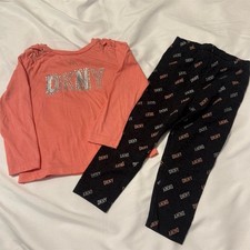 DKNY Girls Size 2t Outfit Set coral Top Black Logo Leggings Casual