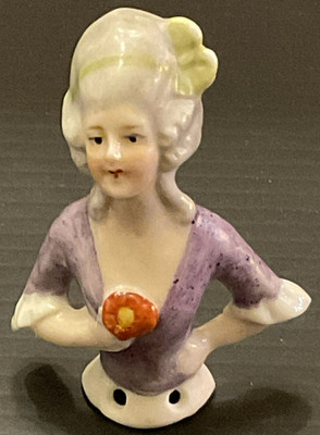 Vintage Porcelain Half Doll Lady Pin Cushion Top Arms Green Ribbon Hair Flower