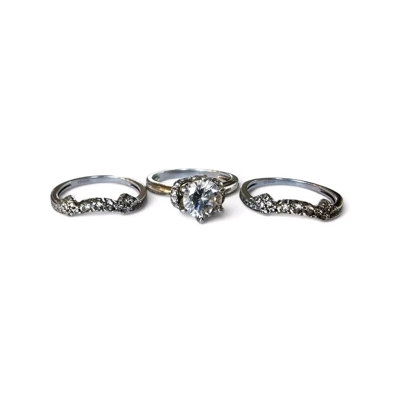 Sterling Silver Engagement Ring + Matching Wedding Bands