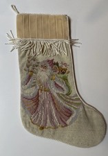Handmade Wool NEEDLEPOINT CHRISTMAS STOCKING Cream Santa w/ Beaded Pearl Accents