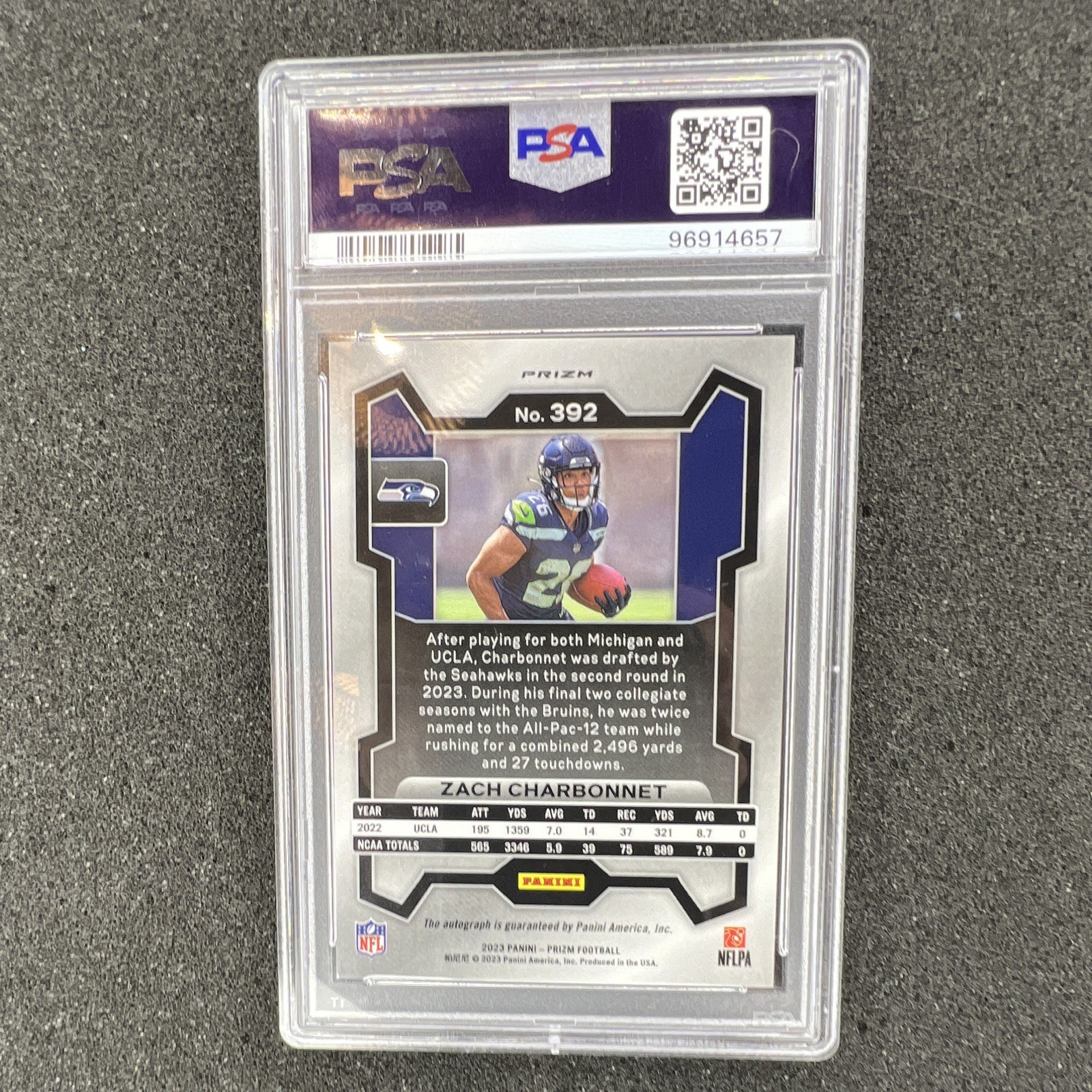 2023 Panini Prizm Zach Charbonnet RC Auto No Huddle Prizm Autographs #392 PSA 9 view 2