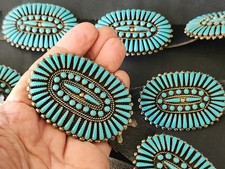 Lg Vtg 1970s A V NED Navajo Hand Tooled Sterling  Turquoise Concho Belt 43"