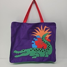 Vintage 1988 Color Block Tote Bag Alligator Hibiscus Purple Green 1980s Colorful