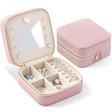 Genuine Leather Travel Jewelry Organizer Case with Lychee Grain Leather Pink