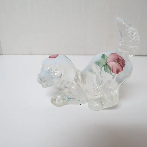 FENTON ART GLASS DOG FIGURINE IRIDESCENT HAND PAINTED SINED