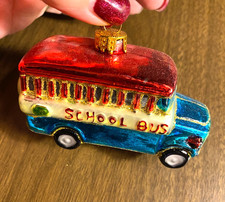 Vintage UT Unique Treasures School Bus Blown Glass Christmas Ornament 4"
