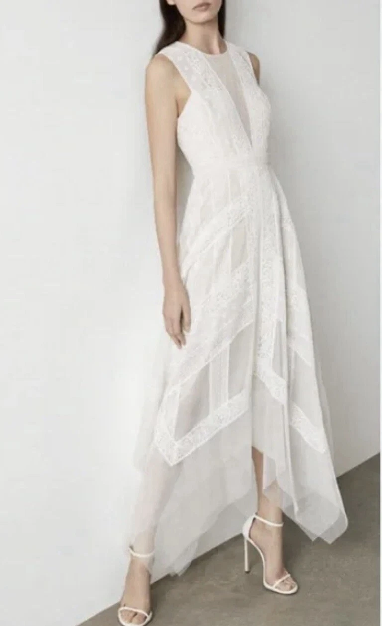 OFF WHITE Maxi abito BCBG MaxAzria Andi bianco sporco pizzo trasparente sera tulle nuovo con etichette taglia 6 398$