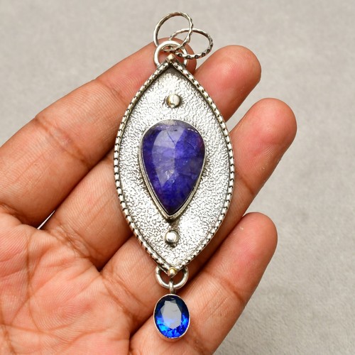Ciondolo gioiello fatto a mano argento sterling 925 pietra zaffiro blu 3,23" - Foto 3 di 8