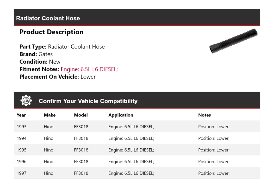 For 1993-1997 Hino FF3018 6.5L L6 DIESEL Radiator Coolant Hose Lower Gates 1994 - Image 2 of 4