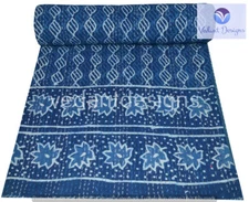 Indian Embroidery Kantha Quilt Bedspread Block Throw Cotton Blue
