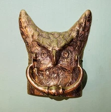 Vintage Owl Head Face Brass Door Knocker, Gold Color New Old Stock