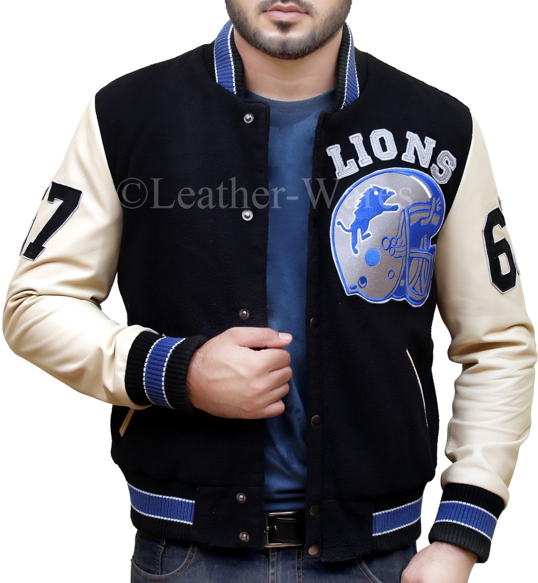 Giacca Bomber Vintage Detroit Lions Stile Beverly Hills Cop Axel Foley – Giubbotto In Pelle E Lana Per Uomo