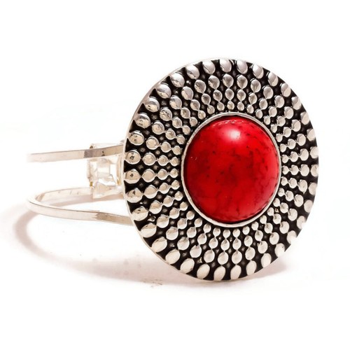 Red Turquoise Cabochon Round Gemstone Handmade Oxidized Cuff Bangle Bracelet - Picture 3 of 4