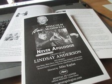 Malcolm McDowell NEVER APOLOGIZE - LINDSAY ANDERSON Pressbook CANNES 2007