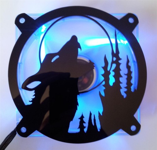 Custom 92mm HOWLING WOLF Computer Fan Grill Gloss Black Acrylic Cooling Cover - Afbeelding 1 van 3