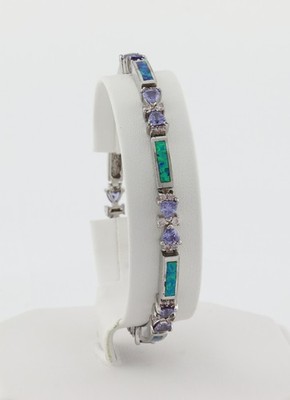 Sterlingsilber Lab Created blauer Opal, weiß & lila CZB Armband 7,5''