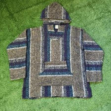 Baja Mexican Poncho Hoodie Mens Hippie Large Thick Knit Drug Rug XL Blue Purple