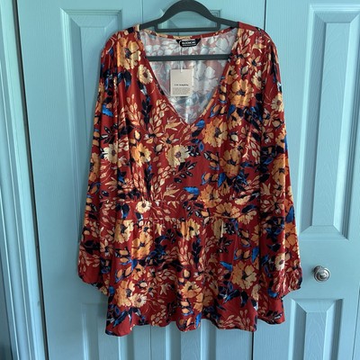 Bloomchic Womens Babydoll Floral V-Neck Blouse Top 18/20 Long Sleeve Red Orange