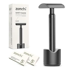 ZOMCHI Matte Black Double Edge Safety Razor with Stand and 10 Blades Men & Women