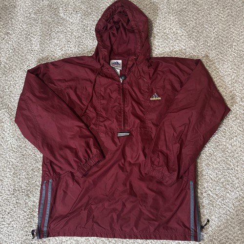 Adidas Windbreaker Jacke Herren Large weinrot grau 3-Streifen Kapuze Viertelreißverschluss