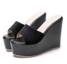 Womens Peep Toe Slippers Wedge High Heels Mules Sandals Platform Shoes Slip On