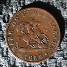 1857 Bank of Upper Canada  Dragonslayer  PC-5D Half-Penny Heaton & Sons VG-8 