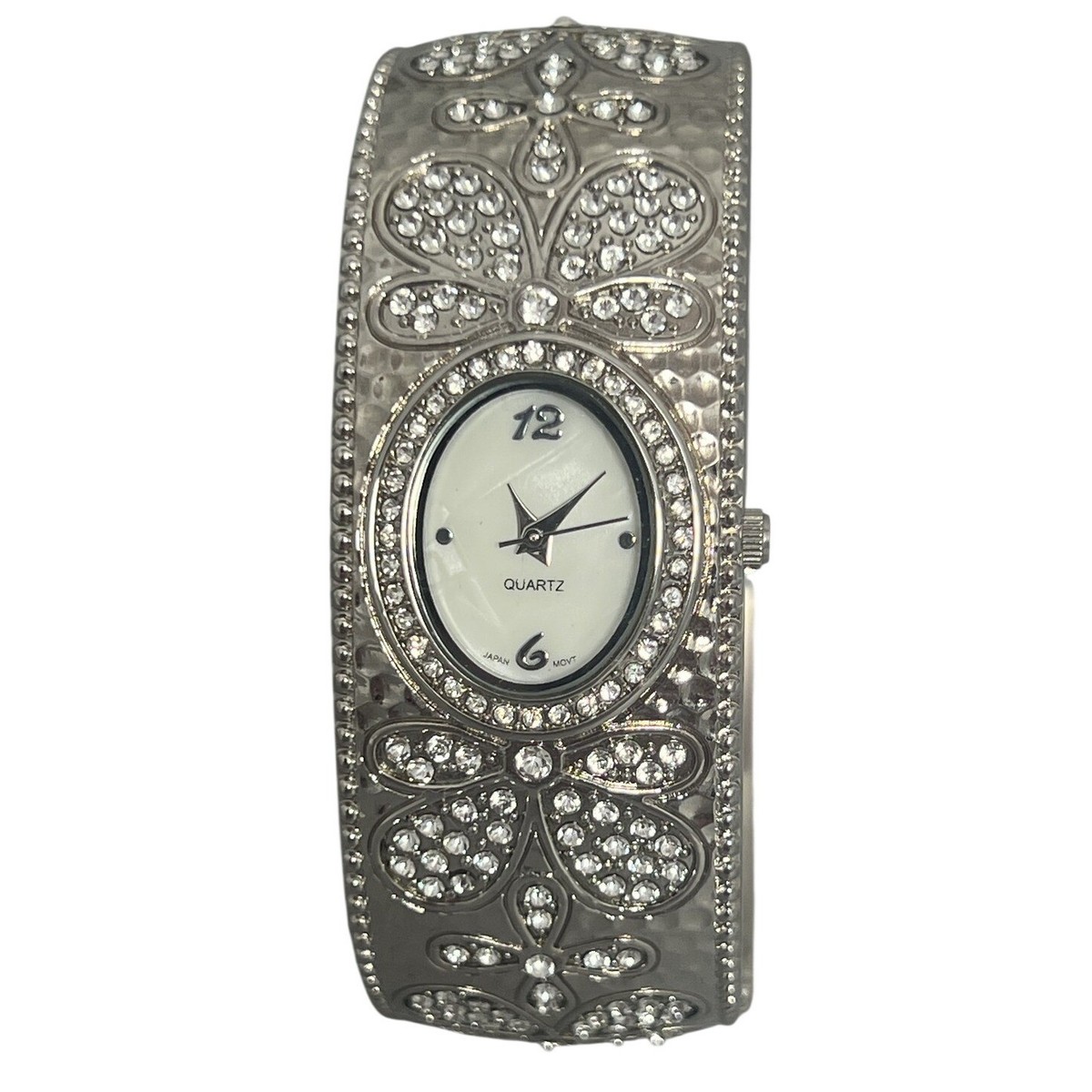 Elegant Silver-Tone Bangle Cuff Watch Faux Diamond  display picture 2