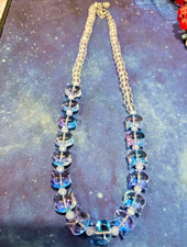 Blue Clear Round Glass Beaded Necklace Cable Chain Lobster Clasp