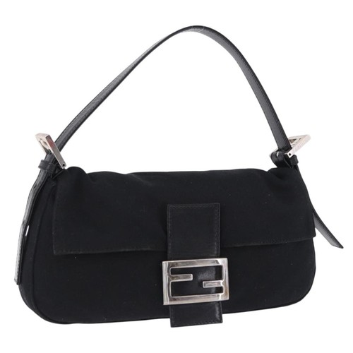 FENDI Mamma Baguette Shoulder Bag Cotton jersey Black Silver Auth am12039A