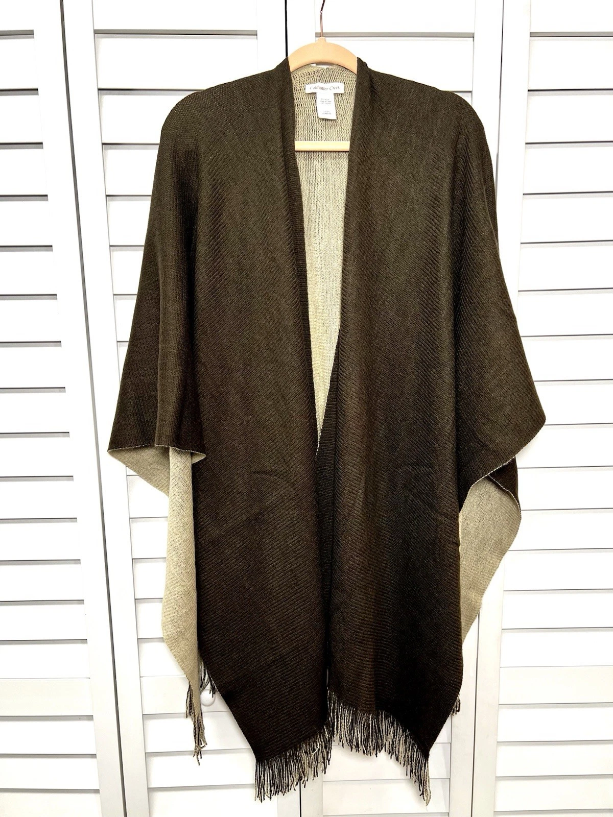 Coldwater Creek Boho Reversible Fringe Shawl Poncho Cape Sweater One Size Brown