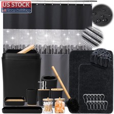 US Stock XLHOMO 24PCS Black Shower Curtain Set - Bathroom Rugs Trash Can