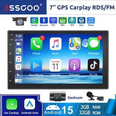 7'' 2+32G Android 15 Carplay Car Stereo Bluetooth GPS SAT Navi 2 DIN DVR+AHD+MIC