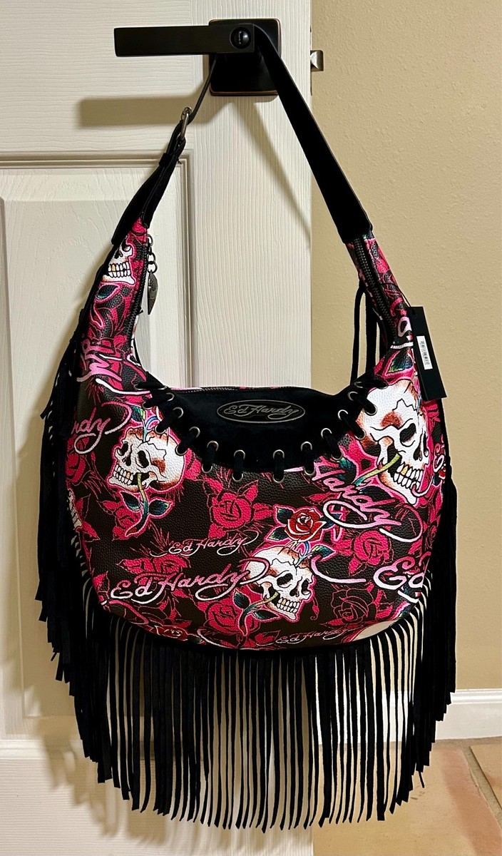 ED HARDY Red MULTI Color SKULL Rose TATTOO Logo FRINGE Shoulder