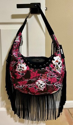 ED HARDY Red MULTI Color SKULL Rose TATTOO Logo FRINGE Shoulder HOBO Bag NWT