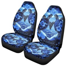 Print 2 Piece Car Front Seat Cover Universal Fit Auto Retro Floral Sea Turtle