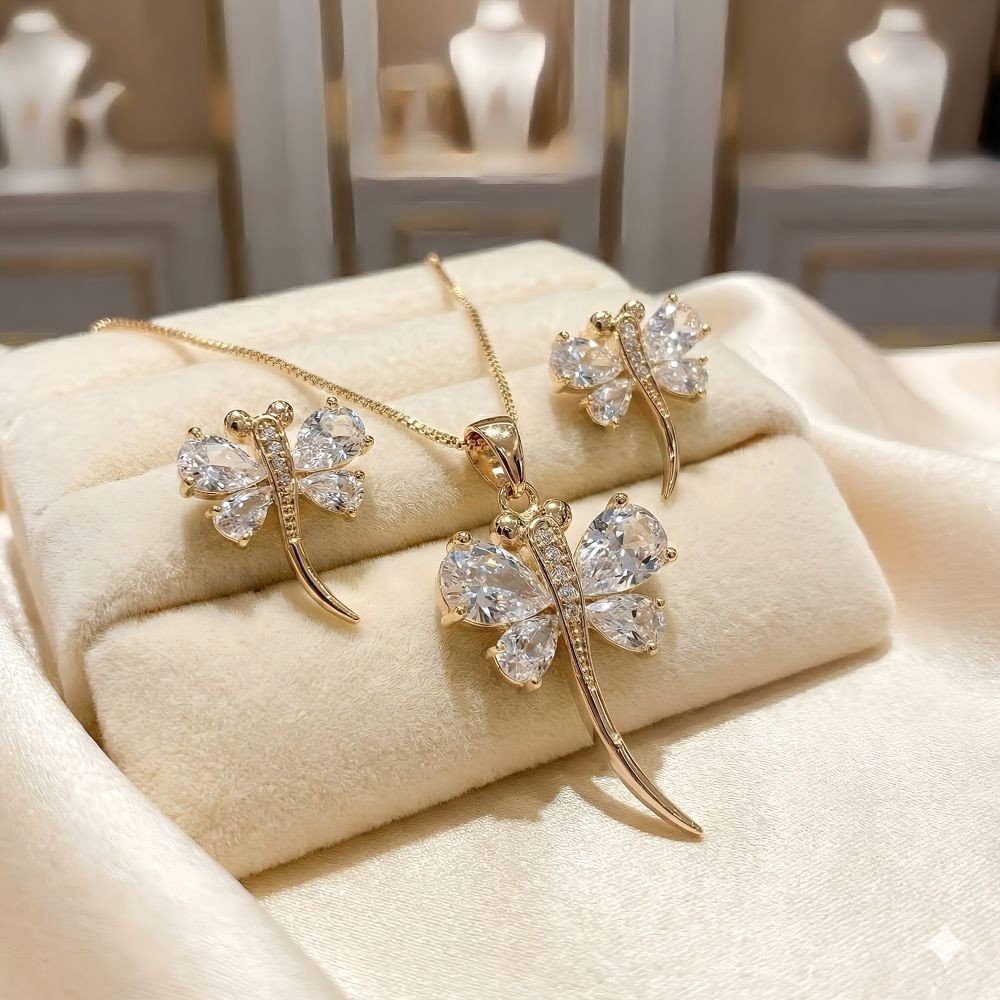 Parure bijoux libellule en plaqué or jaune 750 millièmes et zircons étincelants