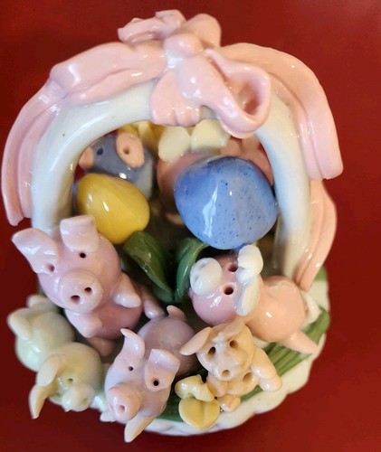 Lot of 2 Vintage Adorable Ceramic Porcelain Momma Pig w/Basket of Piglets - Picture 8 of 13