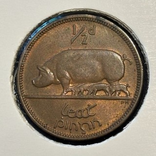 Ireland 1/2 penny 1942 Leat Pingin Pig Sow & Litter KM#10 Bronze aUNC B3751
