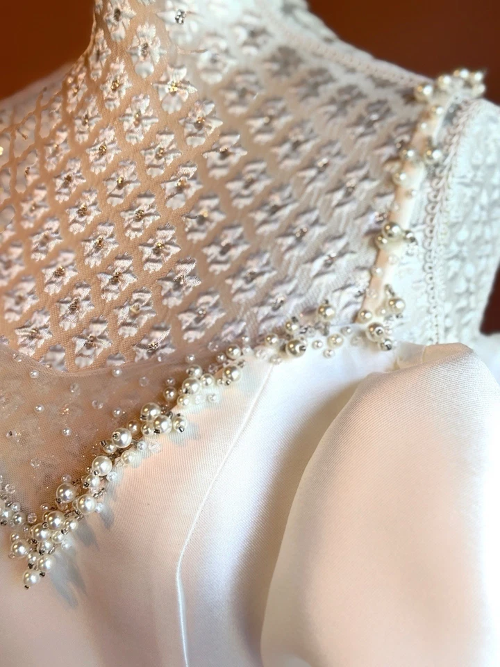 Meerjungfrau Brautkleid mit Trägern - Elfenbein mit Perlen & Schleppe Mikado - Bild 3 von 4