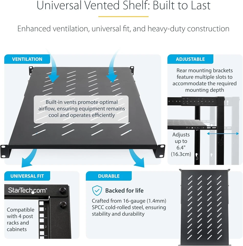 StarTech.com 1U 4-Post Server Rack Shelf, Vented, Adjustable 28-34.4in, Black - Image 3 of 4