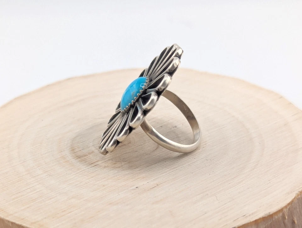 Anillo Navajo Kingman Turquesa Plata Esterlina Hecho a Mano Firmado Joyería Ajustable Foto 2 de 4