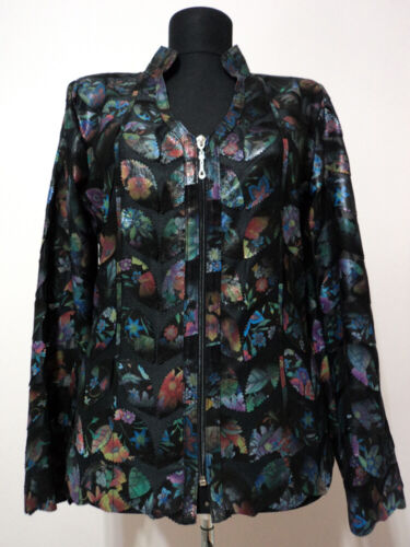Abrigo de cuero negro con patrón floral para mujer chaqueta con cremallera cuello en V corto D9 - Imagen 1 de 57