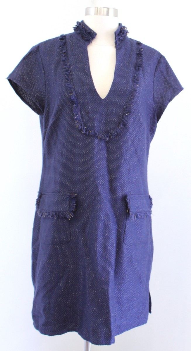 Sail to Sable Navy Blue Gold Metallic Tweed Fringe Tunic Shift